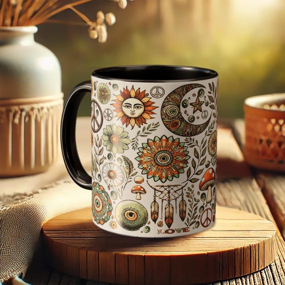 Celestial Sun and Moon Mug – Boho Mandala Coffee Cup with Floral Art