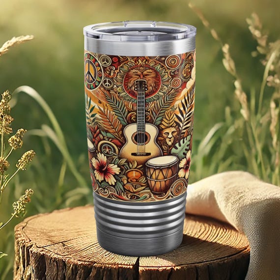 Boho Guitar Tumbler – Stainless Steel Travel Mug for Music Lovers