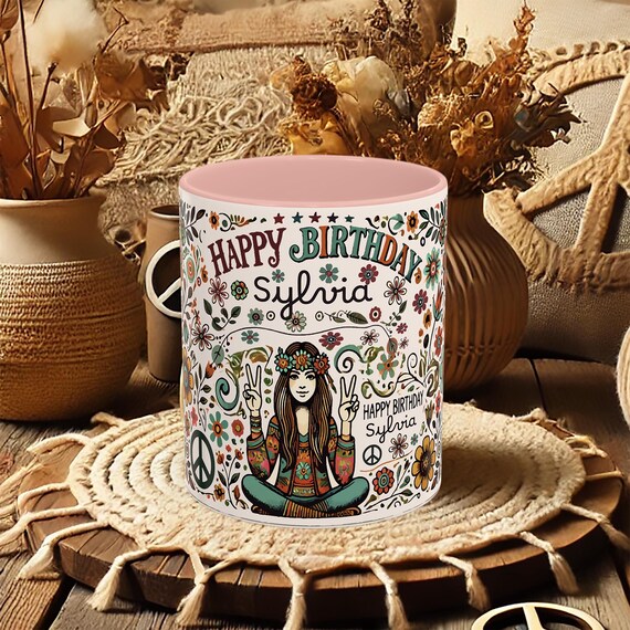 Personalized Birthday Mug – Hippie Peace Sign Coffee Cup, Custom Name Boho Gift