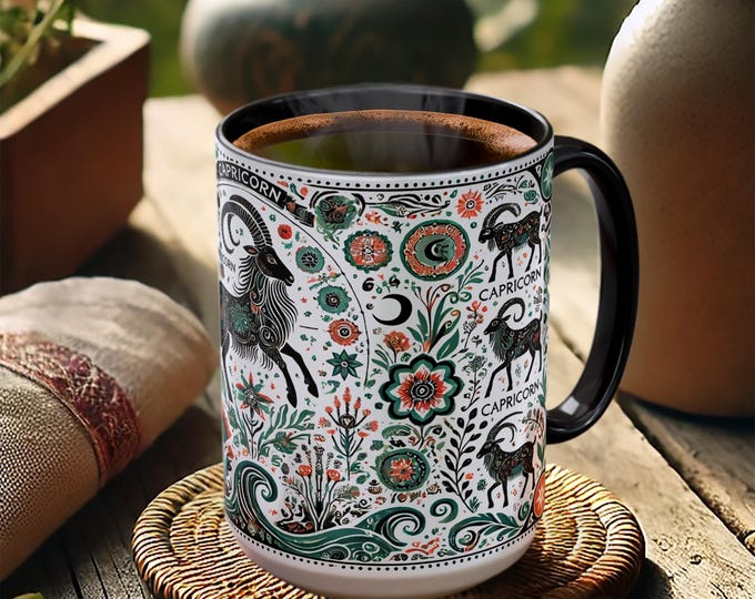 Capricorn Zodiac Mug – Astrology Coffee Cup, Mystic Goat Art Design
