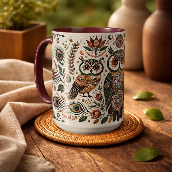 15 oz Boho Owl Mug – Floral Woodland Folk Art Coffee Cup