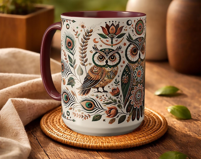 15 oz Boho Owl Mug – Floral Woodland Folk Art Coffee Cup