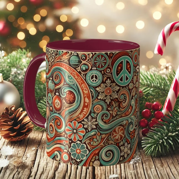 Boho Christmas Mug – Retro Holiday Coffee Cup with Peace Sign Design