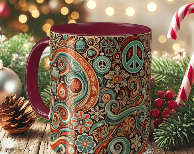 Boho Christmas Mug – Retro Holiday Coffee Cup with Peace Sign Design