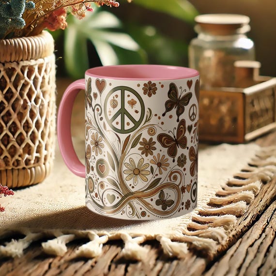 Peace Sign Butterfly Mug – Boho Floral Coffee Cup for Hippie Style