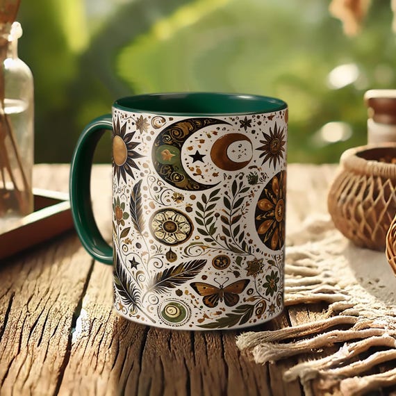 Celestial Sun Moon Mug – Boho Cosmic Coffee Cup with Starry Night Art