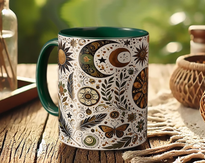 Celestial Sun Moon Mug – Boho Cosmic Coffee Cup with Starry Night Art