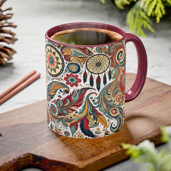 Paisley Dreamcatcher Mug – Boho Floral Coffee Cup with Hippie Art