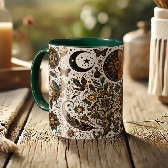 Celestial Floral Mug – Moon & Sun Boho Coffee Cup, Cottagecore Nature Gift for Her