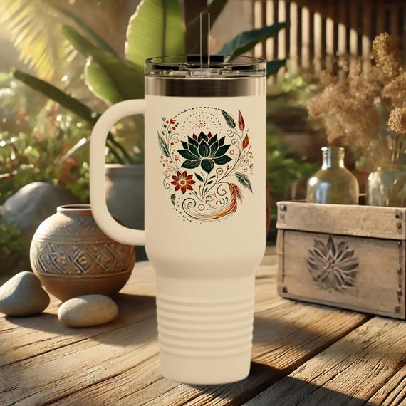 Floral Lotus Tumbler – Boho Insulated Stainless Steel Travel Cup
