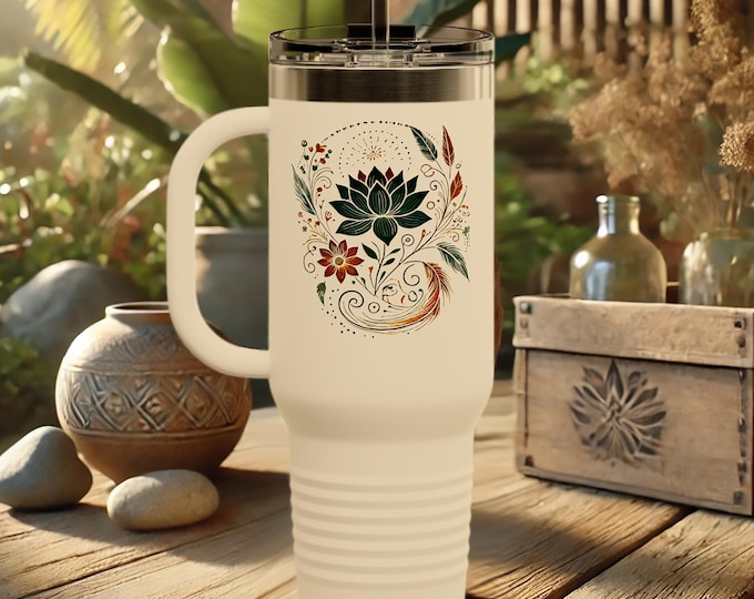 Floral Lotus Tumbler – Boho Insulated Stainless Steel Travel Cup