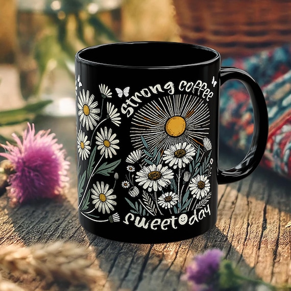 Black Mug with Daisies – Boho Coffee Cup with Positive Quote