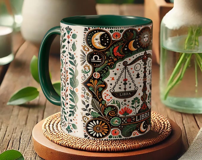 Libra Zodiac Scales Mug – Astrology Coffee Cup, Celestial Balance Design