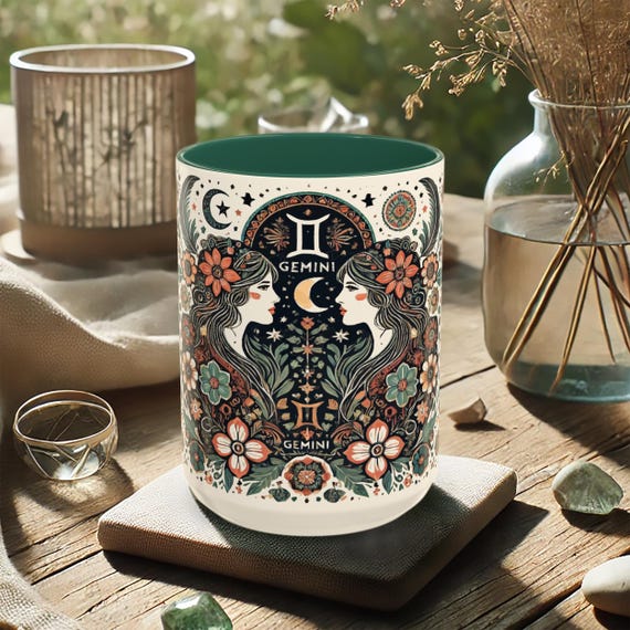 Gemini Zodiac Mug – Boho Astrology Coffee Cup with Twins Design