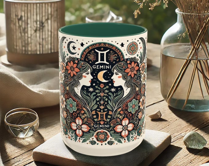 Gemini Zodiac Mug – Boho Astrology Coffee Cup with Twins Design