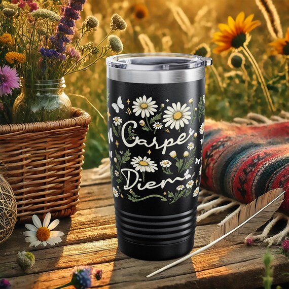 Carpe Diem Tumbler – Floral Daisy Insulated Stainless Steel Cup