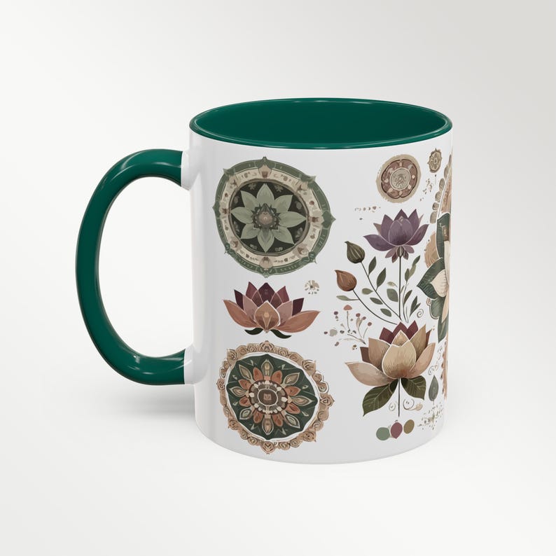 Mandala art mug with a beautifully detailed lotus flower, symbolizing mindfulness and inner peace. This ceramic yoga mug is perfect for meditation drinkware, offering a soothing experience with every sip. A whimsical mug design that blends bohemian elegance with spiritual decor. Great as a gift for yogis, a relaxation gift idea, or a zen kitchen decor piece. Microwave and dishwasher safe for everyday use.