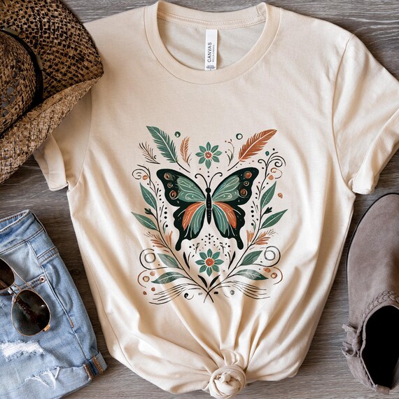 Boho Butterfly T-Shirt – Vintage Floral Nature Graphic Tee for Women