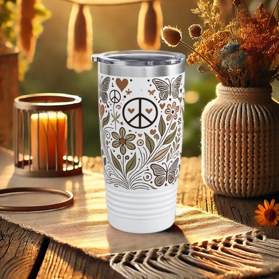 Hippie Peace Sign Tumbler – Boho Floral Stainless Steel Travel Cup
