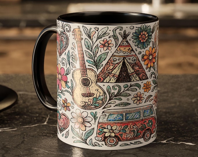 Van Life Camper Mug – Boho Festival Coffee Cup, Hippie Floral Travel Gift