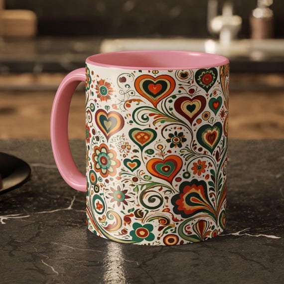 Floral Heart Mug – Ceramic Love Coffee Cup with Pink Handle