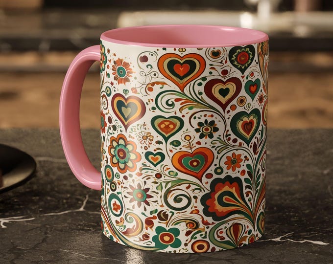Floral Heart Mug – Ceramic Love Coffee Cup with Pink Handle
