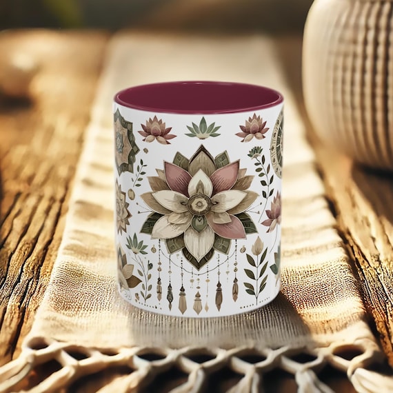 Boho Lotus Mug – Mandala Coffee Cup, Spiritual Gift for Women, Yoga Lover Mug