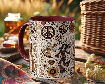 Hippiemok jaren 70 – koffiekopje retro vredesteken met bloemkunst