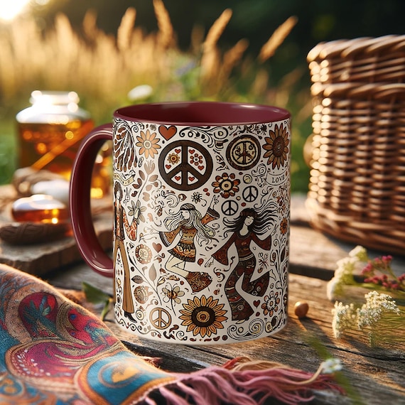 70s Hippie Mug – Retro Peace Sign Coffee Cup with Floral Art