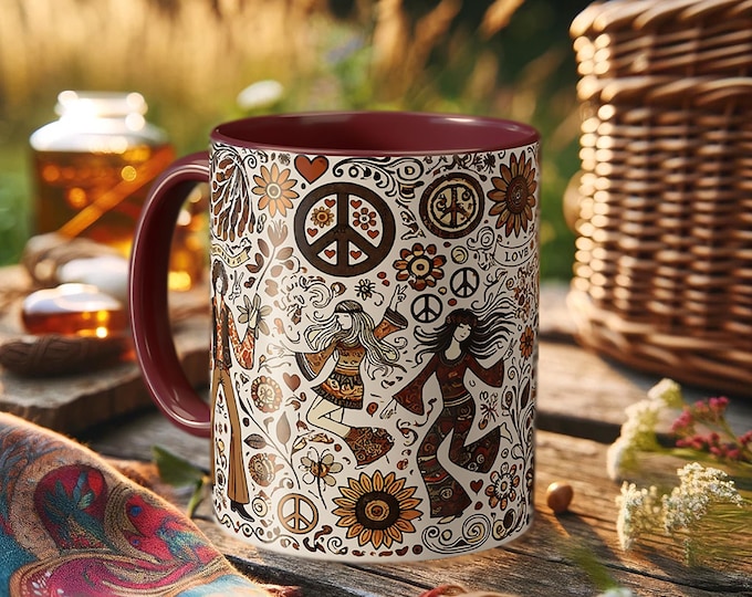 70s Hippie Mug – Retro Peace Sign Coffee Cup with Floral Art