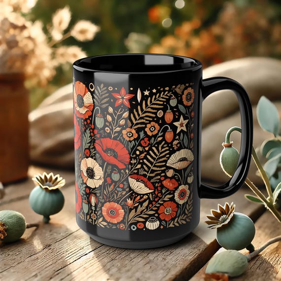 Black Mug with Red Poppies – Botanical Coffee Cup with Floral Art