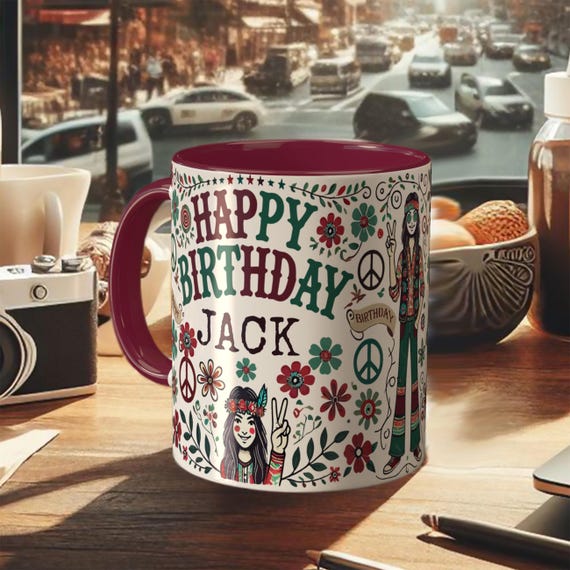 Personalized Birthday Mug – Custom Name Gift, Boho Retro Coffee Cup, Peace Sign Flower Design