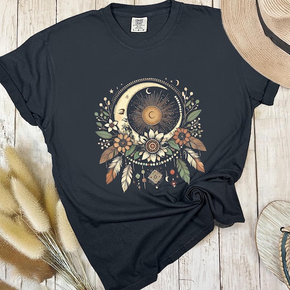 Boho Sun Moon T-Shirt – Celestial Floral Graphic Tee for Women