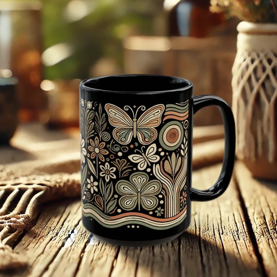 Boho Floral Butterfly Mug – Black Ceramic Coffee Cup with Nature Art