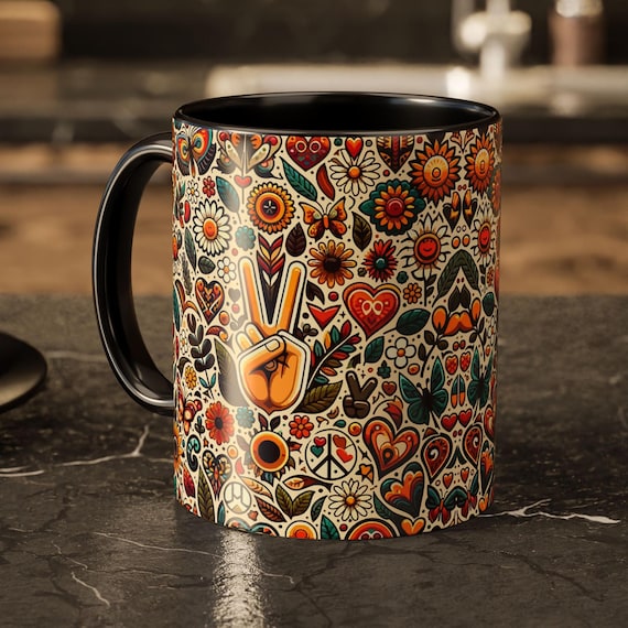 Retro Peace Sign Mug – Groovy 70s Coffee Cup with Hippie Floral Style