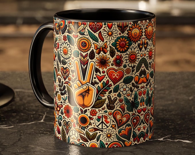 Retro Peace Sign Mug – Groovy 70s Coffee Cup with Hippie Floral Style