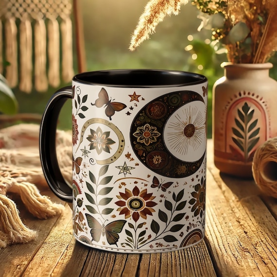 Celestial Sun Moon – Boho Butterfly Design, Cosmic Vintage Art, Spiritual Ceramic