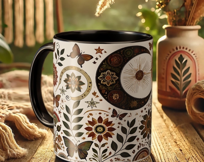 Celestial Sun Moon – Boho Butterfly Design, Cosmic Vintage Art, Spiritual Ceramic