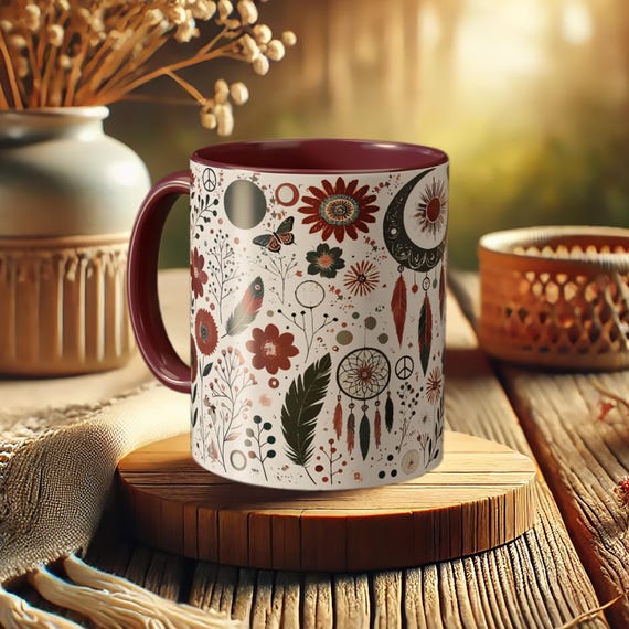 Boho Dreamcatcher Mug – Floral Feather Coffee Cup with Nature Art