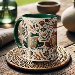 May include: A white ceramic mug with a green handle and interior, decorated with a detailed floral and frog pattern. The design incorporates brown, green, and gold elements. The mug rests on a round, woven coaster, evoking a natural aesthetic.