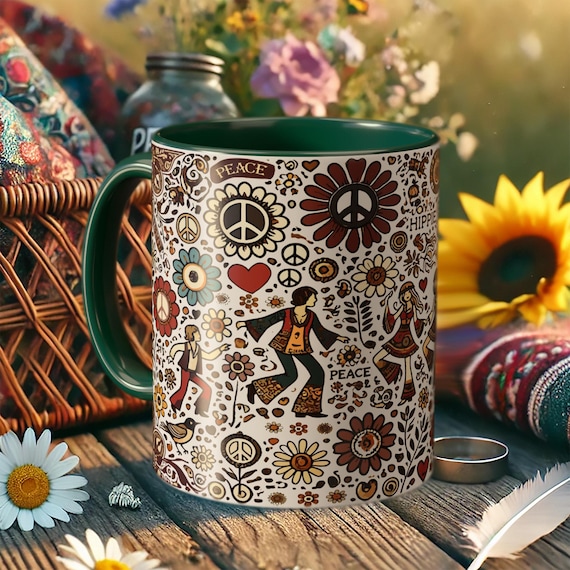Hippie Coffee Mug – Retro 70s Peace Sign Cup with Flower Power Art