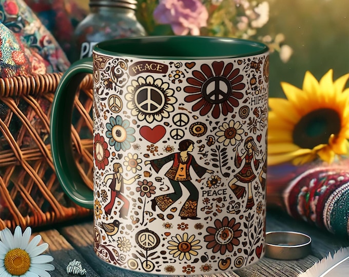 Hippie Coffee Mug – Retro 70s Peace Sign Cup with Flower Power Art