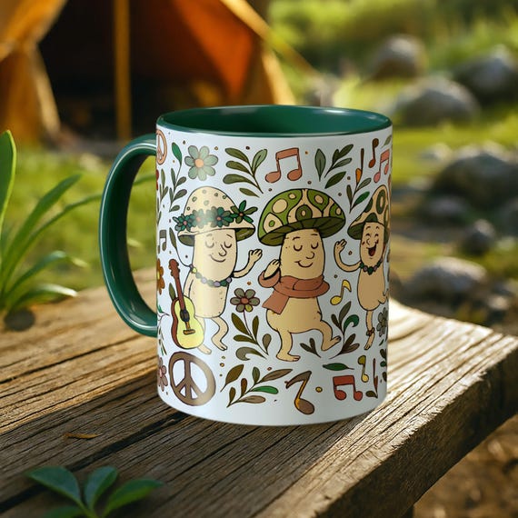 Boho Mushroom Mug – Hippie Music Art Coffee Cup, Festival Style Drinkware