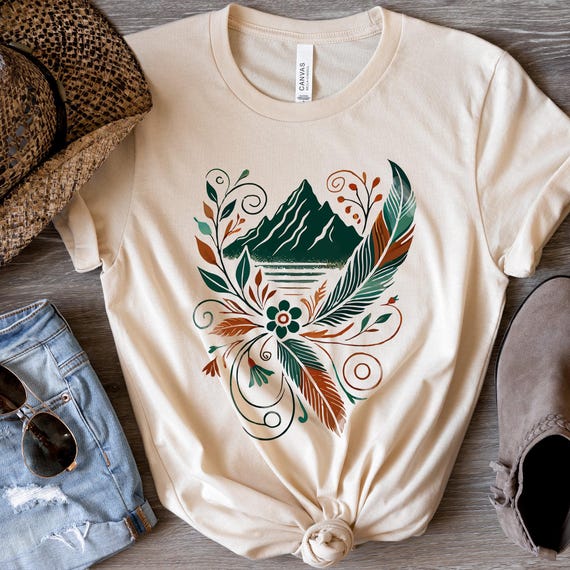 Mountain Floral T-Shirt – Boho Nature Graphic Tee for Women