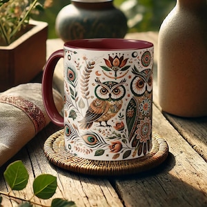 May include: A white ceramic mug with a burgundy interior and handle, featuring an owl and floral design. The mug sits on a round, woven coaster. The design includes peacock feathers, flowers, and other decorative elements.