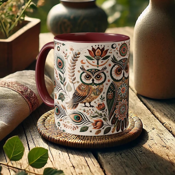 Boho Owl Mug – Woodland Floral Coffee Cup with Vintage Folk Art