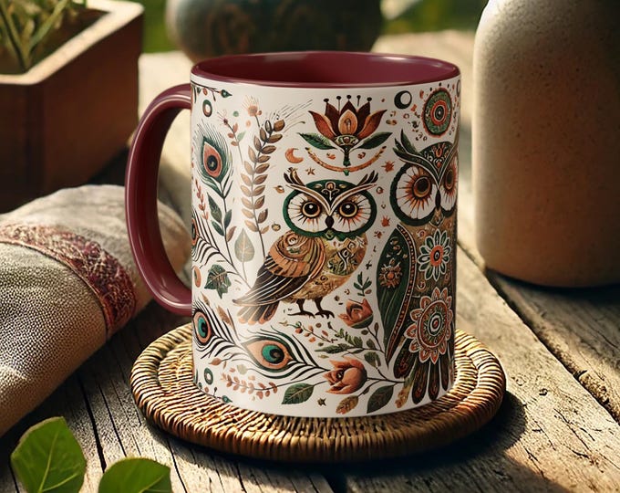 Boho Owl Mug – Woodland Floral Coffee Cup with Vintage Folk Art