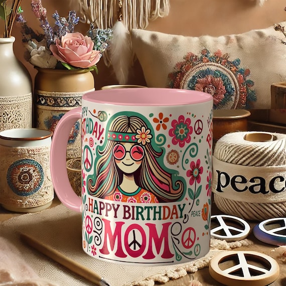 Hippie Mom Mug – Groovy Boho Mama Gift, Retro Floral Peace Sign Coffee Cup