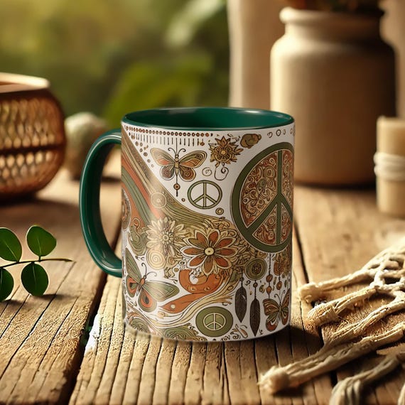 Vintage Boho Mug – Retro 70s Peace Sign Coffee Cup with Floral Art