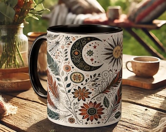 Boho Sun and Moon Mug – Floral Spiritual Coffee Cup with Celestial Art